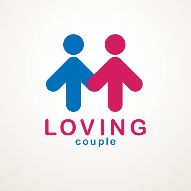 Mutlu çift basit vektör logosu veya insanların oklar şeklinde geometrik işaretleriyle oluşturulmuş bir simge. Erkek ve kadının şefkatli ve sevgi dolu ilişkisi, sevgili ve sevgili..