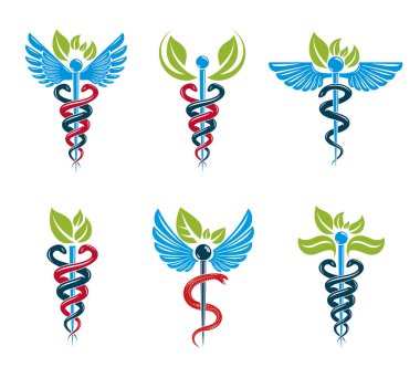 Aesculapius vektör soyut illüstrasyon koleksiyonu, tıbbi tedavi için yeşil yapraklar ve kuş kanatlarından oluşan Caduceus sembolleri.