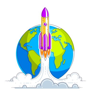 Roket keşfedilmemiş galaksiler keşfetmek için alanı Dünya'dan başlamak. Uzay Bilimleri ilginç evreni keşfedin. İnce çizgi 3d vektör çizim üzerinde beyaz izole.