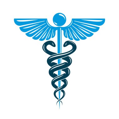 Caduceus sembolü kuş kanatları ve zehirli yılanlar kullanılarak yapıldı, sağlık hizmeti kavramsal vektör çizimi.