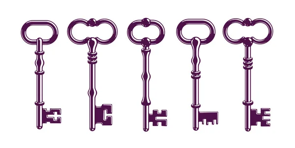Vintage Anahtarları Vektör Logolar Veya Simgeler Kümesi Güzel Antika Turnkeys — Stok Vektör