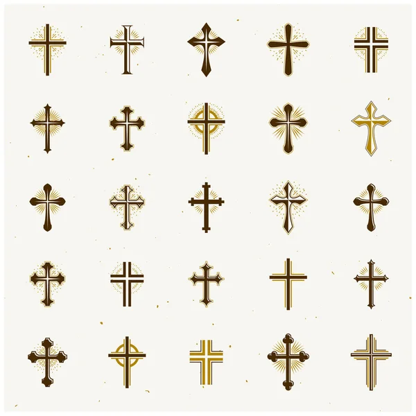 Cruces Del Cristianismo Conjunto Emblemas Religión Escudo Heráldico Logotipos Decorativos — Archivo Imágenes Vectoriales