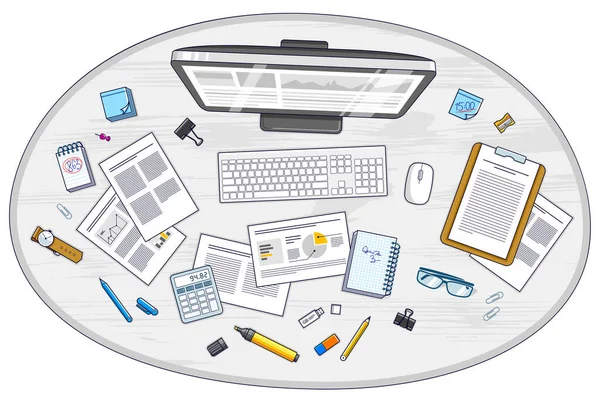 Büroarbeitsplatzoberfläche Mit Computer Und Analysepapieren Mit Diagrammen Und Daten Und — Stockvektor