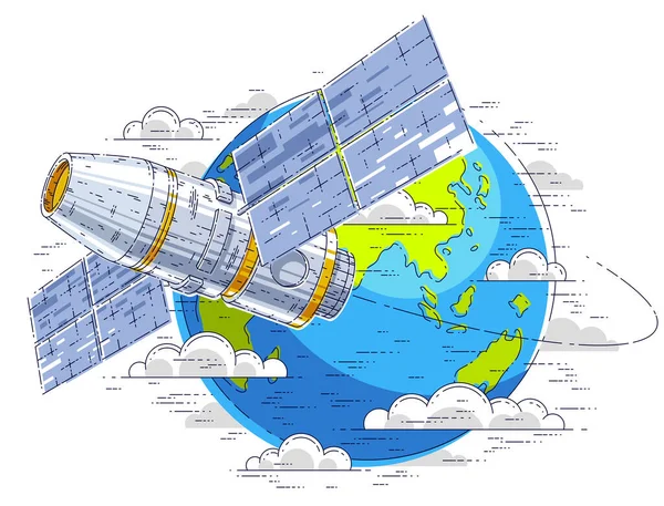 Raumstation Die Die Erde Kreist Raumschiff Mit Sonnenkollektoren Künstlicher Satellit — Stockvektor