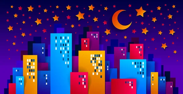 Şehir Binaları Geceleri Yıldız Kağıtları Karikatür Kesimi Çocuklar Oyun Vektör — Stok Vektör