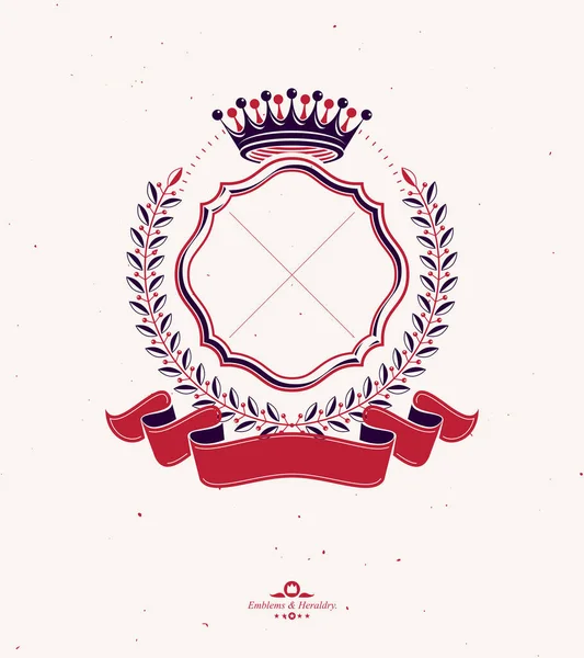 王室の王冠の要素と豪華なリボンで構成されたグラフィックエンブレム 武器の紋章装飾ロゴ孤立ベクトルイラスト — ストックベクタ