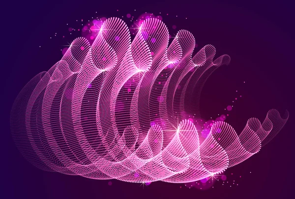 在黑暗抽象的矢量魔法背景上流过的颗粒波纹 风上光滑的弯曲圆点透明的郁金香织品 3D形点混合网 宽松墙纸 — 图库矢量图片