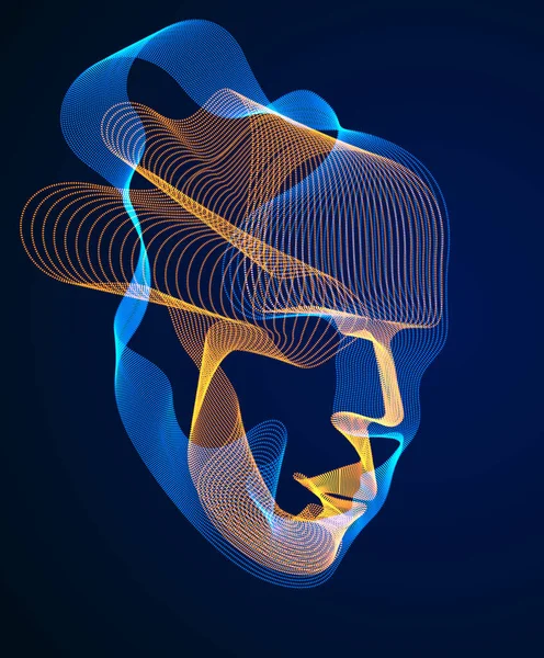 機械のデジタル魂 点線の粒子が流れる波線配列で作られた人間の頭の人工知能ソフトウェア可視化 進化の技術時代 — ストックベクタ