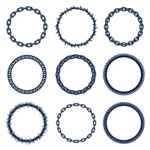 Ronde Frames Van Kettingdoorn Touw Vectorvormgevingselementen Set Cirkelvormige Randen — Stockvector