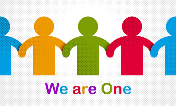 Worldwide people global society concept, different races solidarity, we stand as one, togetherness and friendship allegory, world unity cooperation, vector illustration logo or icon.