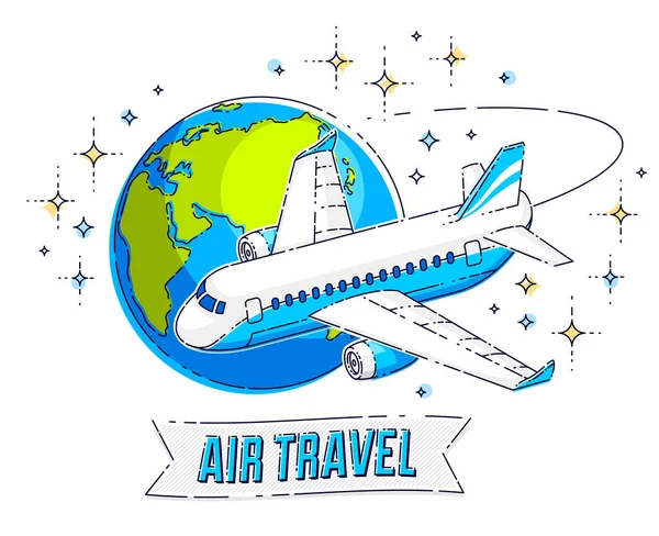 Airlines Air Travel Emblem Illustration Plane Airliner Planet Earth Ribbon — Stock Vector