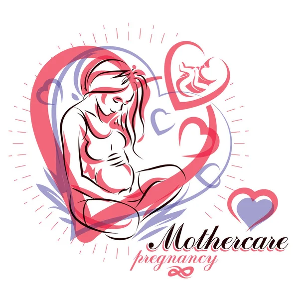 Schwangere Frau Elegante Körpersilhouette Skizzenhafte Vektorillustration Konzeptioneller Flyer Zum Muttertag — Stockvektor