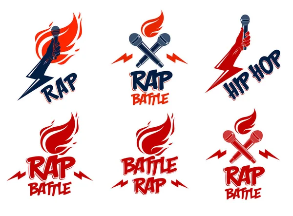 Rap Music Vector Logos Emblems Set Microphone Hand Flames Lightning — Stock Vector