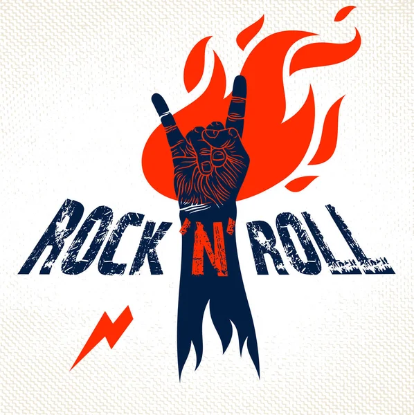 Cartel Mano Rock Llamas Música Caliente Gesto Rock Roll Llamas — Vector de stock