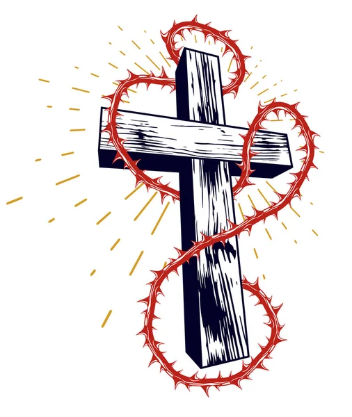 Croix Chrétienne Avec Épine Noire Vecteur Religion Logo Tatouage Passion — Image vectorielle