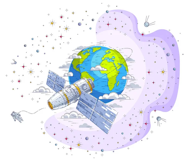 空间站环绕地球运行 空间飞行 宇宙飞船配备太阳能电池板 人造卫星 周围都是恒星和其他元素 细线3D矢量图解 — 图库矢量图片