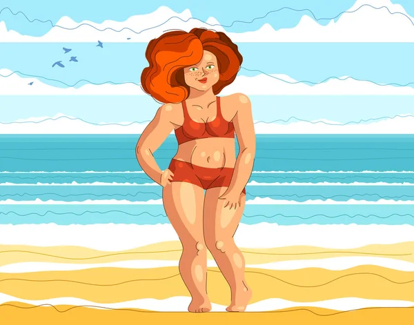 Además Tamaño Atractivo Sexy Mujer Posando Playa Frente Mar Vector — Archivo Imágenes Vectoriales