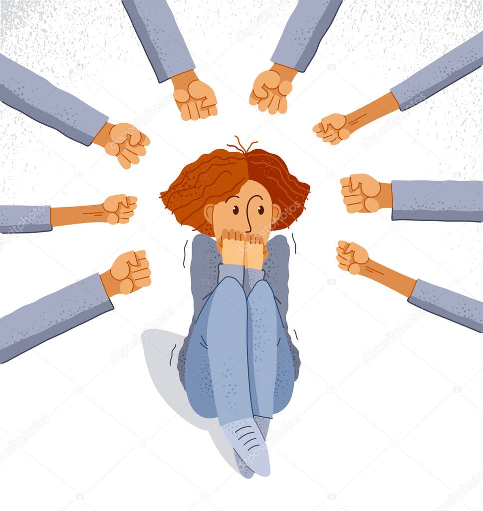 Bullying vector concept, clenched fists threats scared young woman victim, psychological abuse, violence against women, problem of cruel behavior in social groups, discrimination.