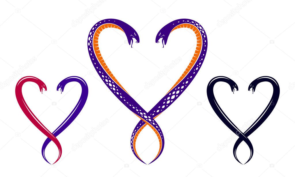 Quarrels in relations concept, two Snakes in a shape of heart, love is cruel, lovers couple arguing, vector logo emblem or tattoo in vintage classic style.