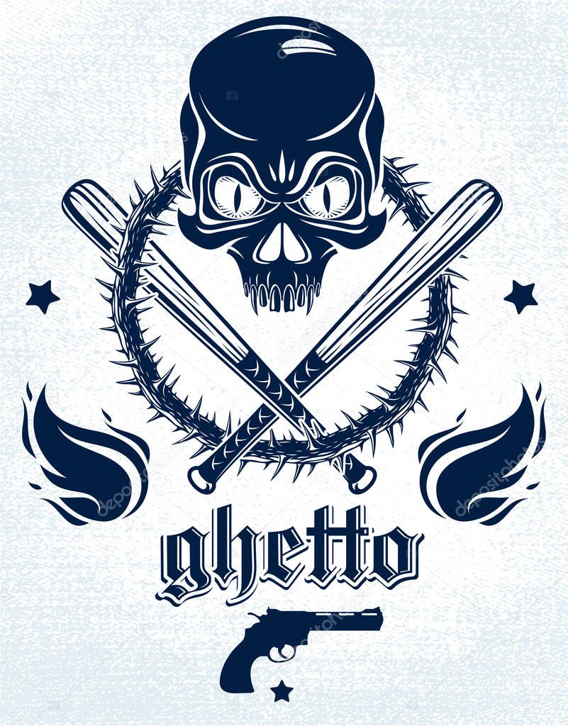 Gangster emblem logo or tattoo with aggressive skull baseball bats and other weapons and design elements, vector, criminal ghetto vintage style, gangster anarchy or mafia theme.