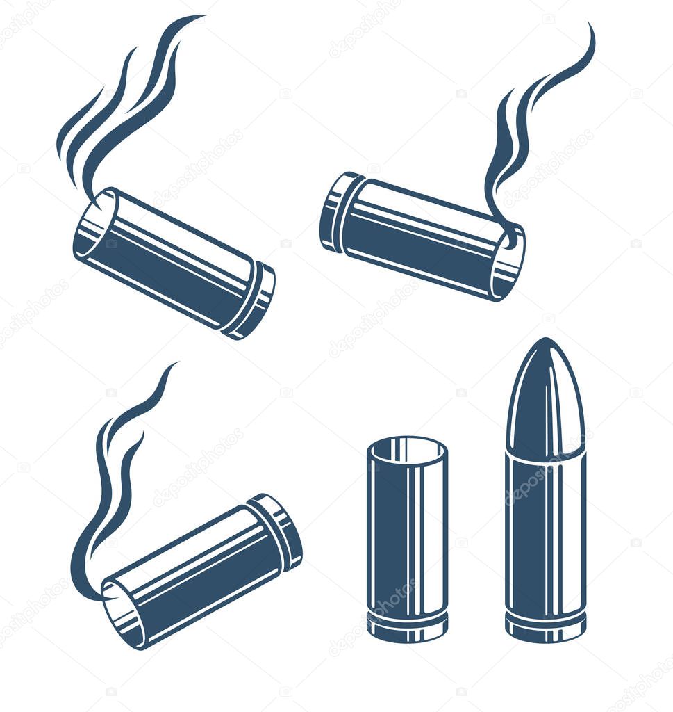 Bullets and used cartridges vector illustrations set, ammo for 9mm handgun gun.