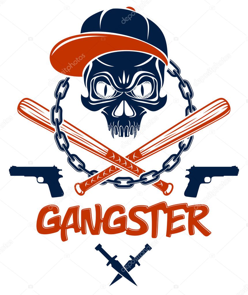 Criminal tattoo ,gang emblem or logo with aggressive skull baseball bats and other weapons and design elements, vector, bandit ghetto vintage style, gangster anarchy or mafia theme.