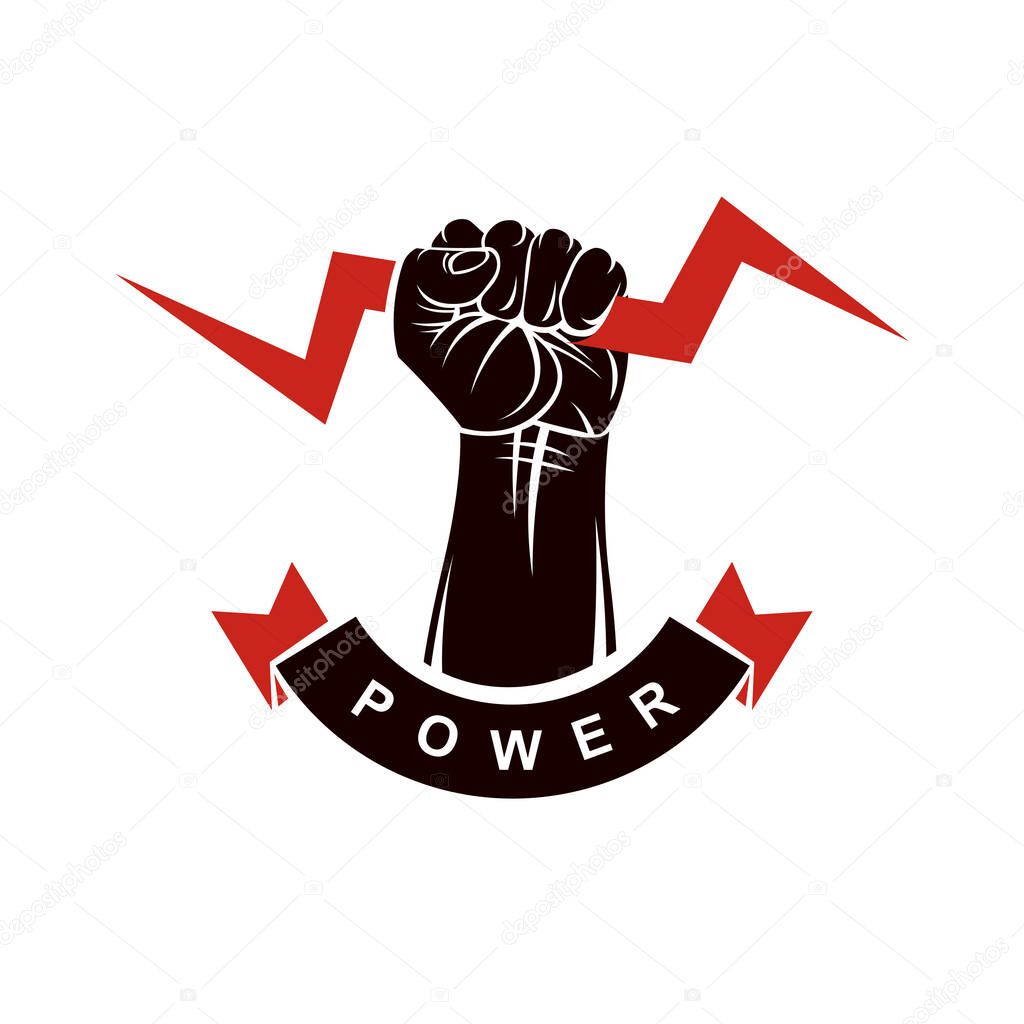 Vector logo composed using strong muscular raised clenched fist decorated with lightning symbol. Power and authority conceptual logotype.