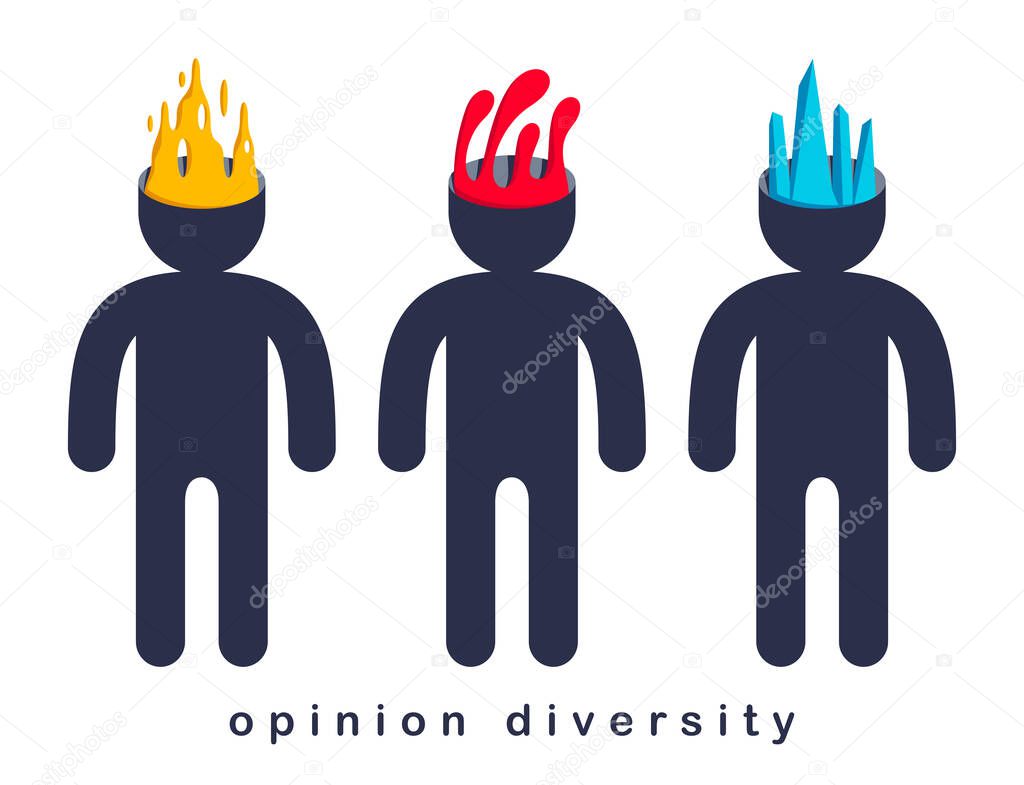 Opinion diversity vector concept, different perspectives metaphor, alternative worldview point of view, mind and bias.