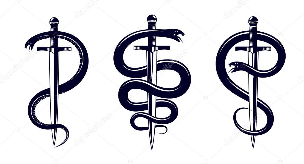 Snake and Dagger, Serpent wraps around a sword vector vintage tattoo, Roman god Mercury, luck and trickery, allegorical logo or emblem of ancient symbol.