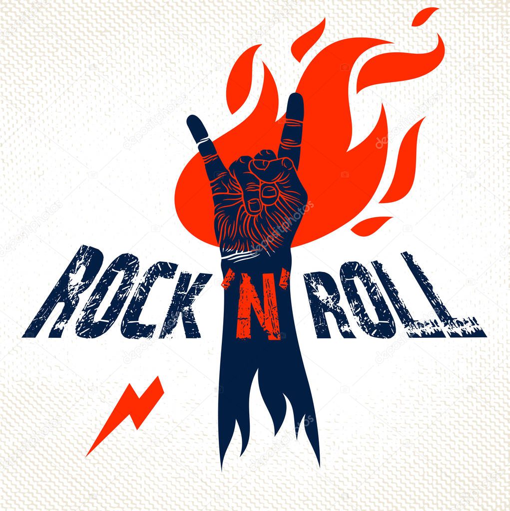 Rock hand sign on fire, hot music Rock and Roll gesture in flames, Hard Rock festival concert or club, vector label emblem or logo, musical instruments shop or recording studio.