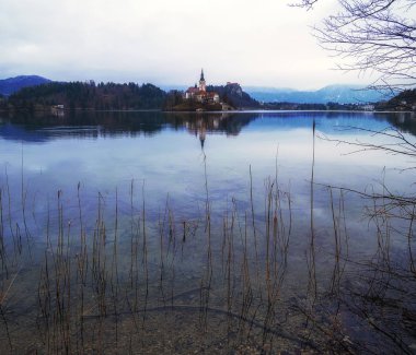 Kış sabahı güzel Bled Gölü Milli Parkı Slovenya 