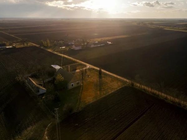 Nel Tardo Pomeriggio Sopra Colture Campi Agricoli Pianura Della Vojvodina Immagine Stock