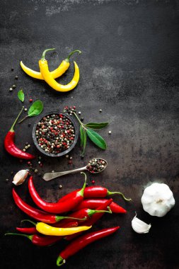 Kırmızı sıcak biber pepeprs ve karabiber siyah metal arka planda, üstten görünüm