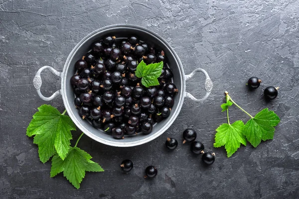 Schwarze Johannisbeeren mit Blättern, schwarze Johannisbeeren — Stockfoto