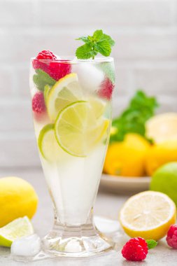 Limon mojito kokteyl limon, nane ve ahududu, buz ile soğuk içecek ile.