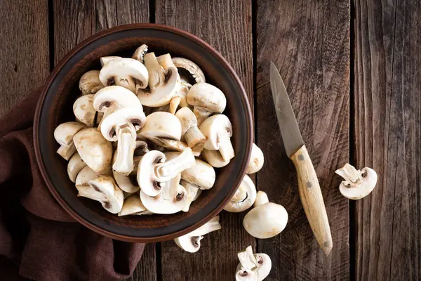 Champignons Frais Sur Table Bois Vue Sur Dessus — Photo