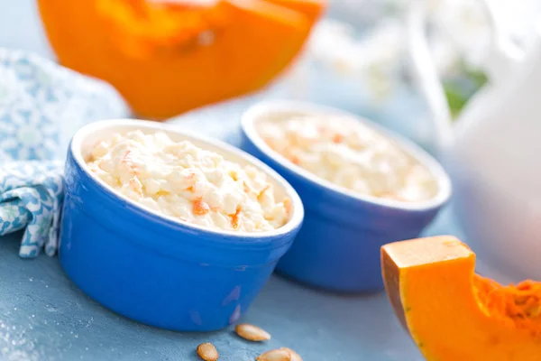 Cooking Kitchen Table Delicious Mini Casserole Cottage Cheese Pumpkin Breakfast — Stock Photo, Image