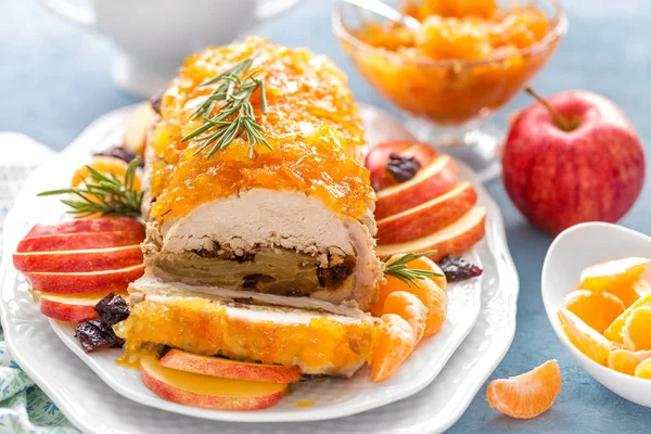 Baked Meatloaf Stuffed Apples Plums Decorated Tangerine Confiture Christmas Menu — Stock Photo, Image