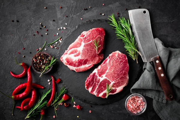 Raw Pork Meat Fresh Steaks Slate Board Black Background Top — Stock Photo, Image