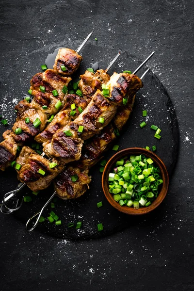 Grilled Meat Skewers Shish Kebab Black Background Top View — Stock Photo, Image