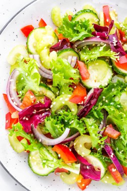 Salata taze salatalık, kereviz, tatlı biber, frize marul, kırmızı soğan ve susam yağı. Sağlıklı vejetaryen, vegan gıda. İtalyan mutfağı