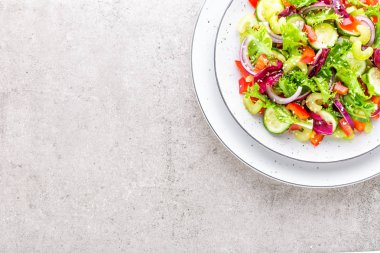 Salata taze salatalık, kereviz, tatlı biber, frize marul, kırmızı soğan ve susam yağı. Sağlıklı vejetaryen, vegan gıda. İtalyan mutfağı