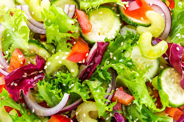 Salad of fresh cucumber, celery, sweet pepper, frize lettuce, red onion and sesame seeds with olive oil. Healthy vegetarian, vegan food. Italian cuisine