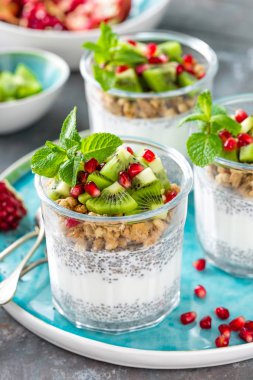 Kivi meyve, nar, granola ve yoğurt, sağlıklı kahvaltı Chia puding parfe katmanlı