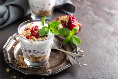 Chia puding parfe nar, granola ve ışık Yunan yoğurt. Sağlıklı beslenme