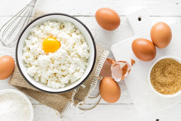 Fundo Culinário Com Ingredientes Para Cozinhar Queijo Cottage Farinha Cozimento — Fotografia de Stock