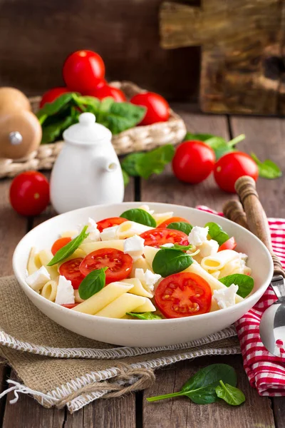Pasta Salad Fresh Red Cherry Tomato Feta Cheese Italian Cuisine — Stock Photo, Image