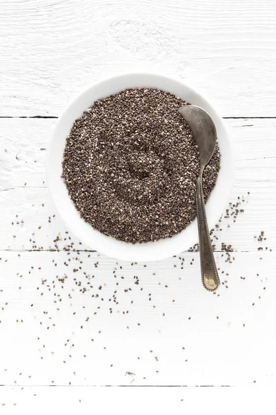 Chia Seeds Bowl White Wooden Background Top View — Stock Photo, Image