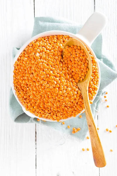 Lenticchia Cruda Ciotola Sul Tavolo Lenticchie Fresche Cibo Vegetariano Fondo — Foto Stock