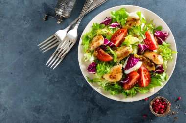 Taze sebze salatası, domates, salatalık, İtalyanca mix, marul ve ızgara tavuk göğsü. Kızarmış tavuk eti, salata ile fileto. Sağlıklı gıda. Düz yatıyordu. Üstten Görünüm